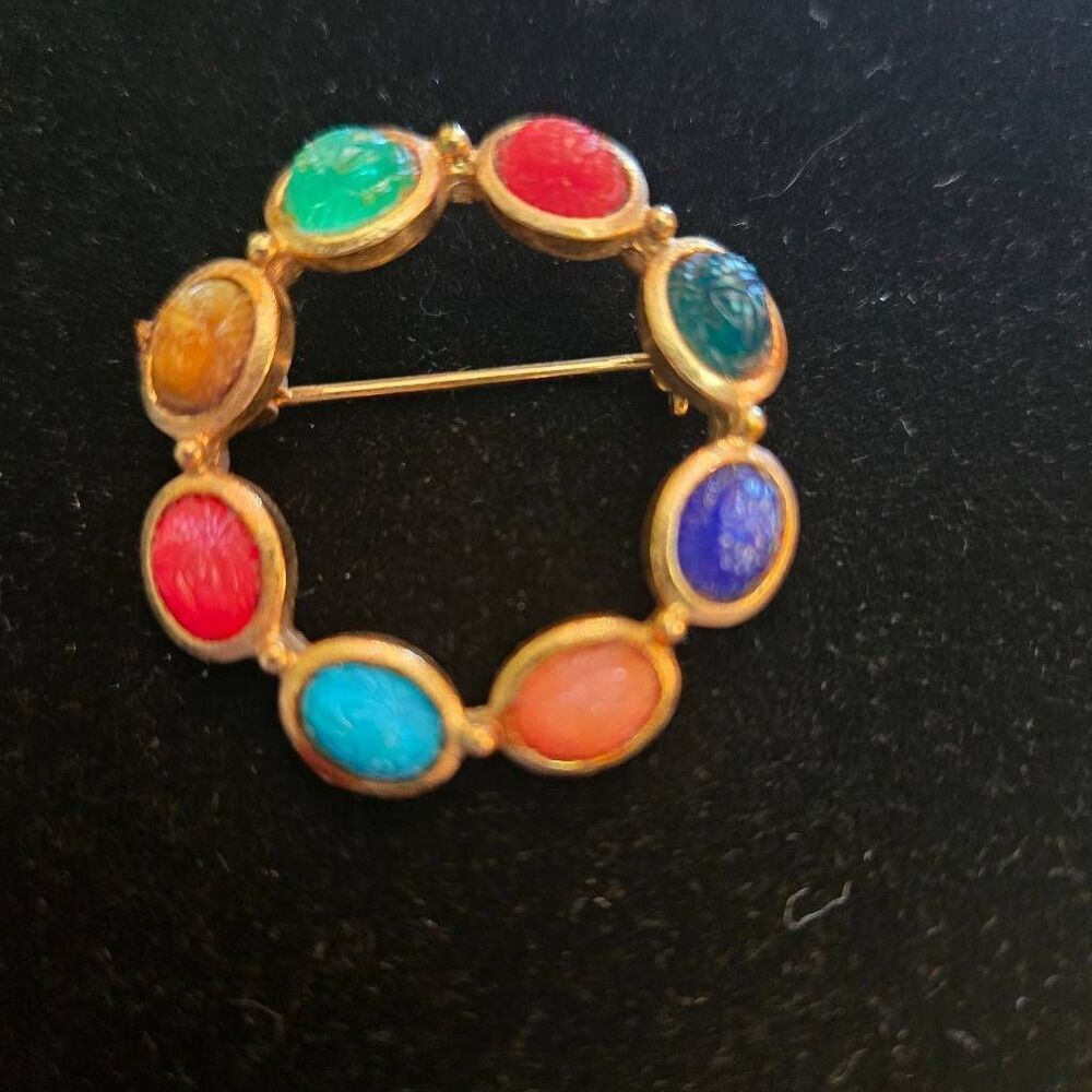 Vintage Scarab Brooch Gold Multi Color Stone  Pin